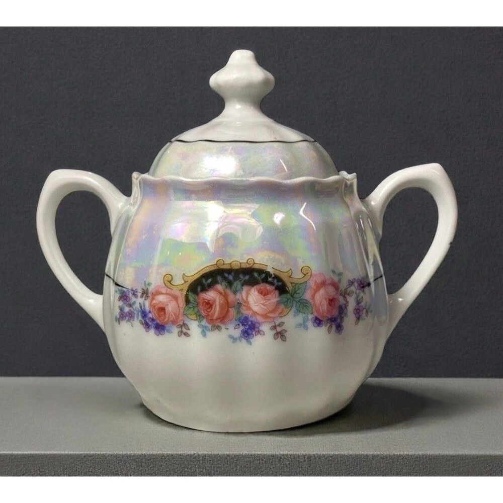 VTG Bavaria Germany Lusterware Sugar Bowl Lid Floral Iridescent Pearl Finish